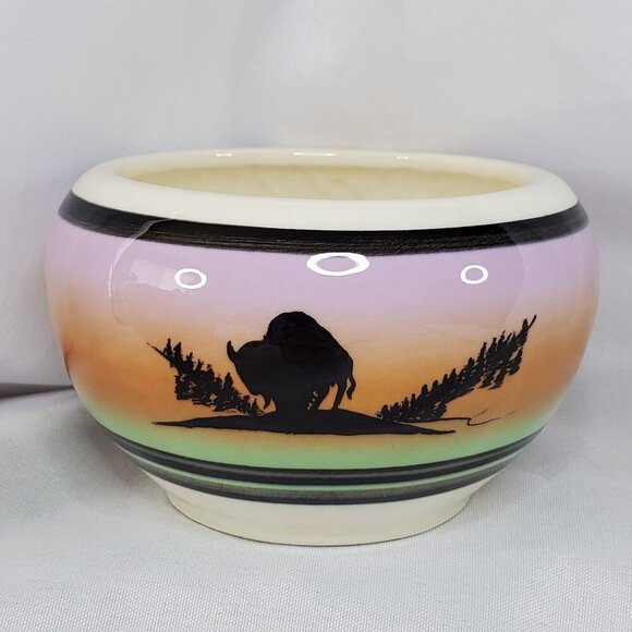 Native American Pottery Bowl Sunset Buffalo By Swift Eagle 4x3" Handmade - Picture 2 of 8